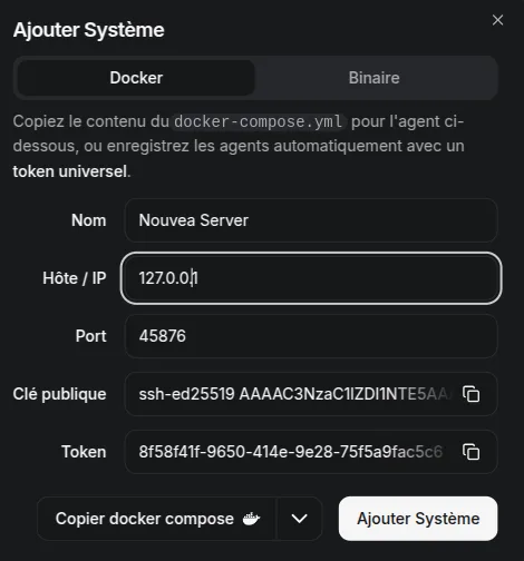 La fenêtre Ajouter Système de Beszel : les champs Nom, Hôte/IP, Port 45876, une clé publique ssh-ed25519 et un token, avec le bouton Copier docker compose