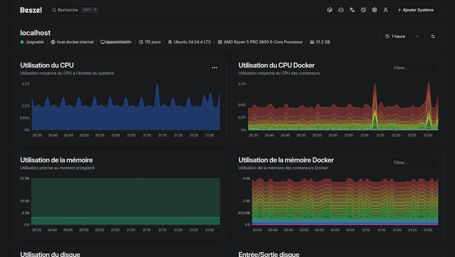La page de détail d'un serveur dans Beszel : à gauche l'utilisation CPU et mémoire de la machine, à droite les mêmes courbes empilées par conteneur Docker