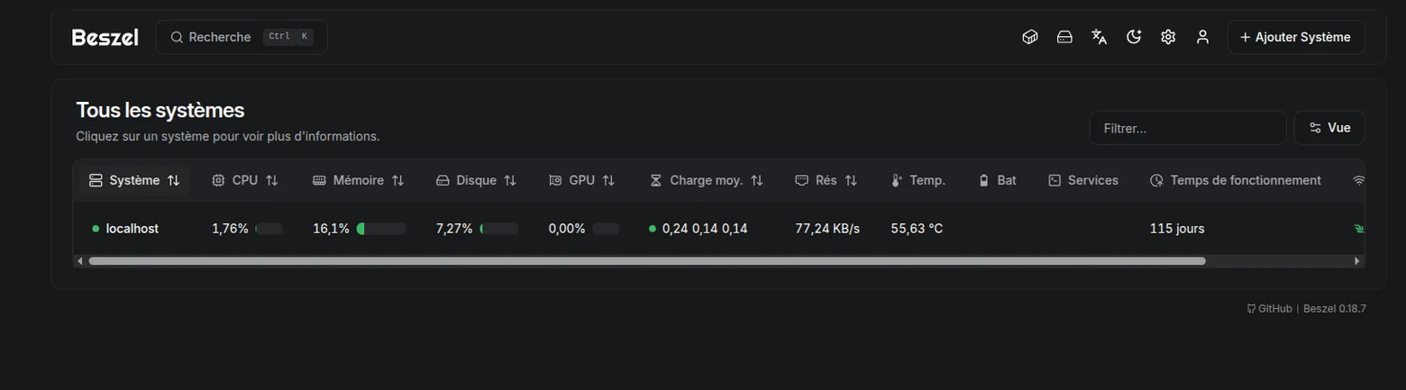 La liste des systèmes dans Beszel : une ligne par serveur avec CPU, mémoire, disque, GPU, charge moyenne, réseau, température et temps de fonctionnement