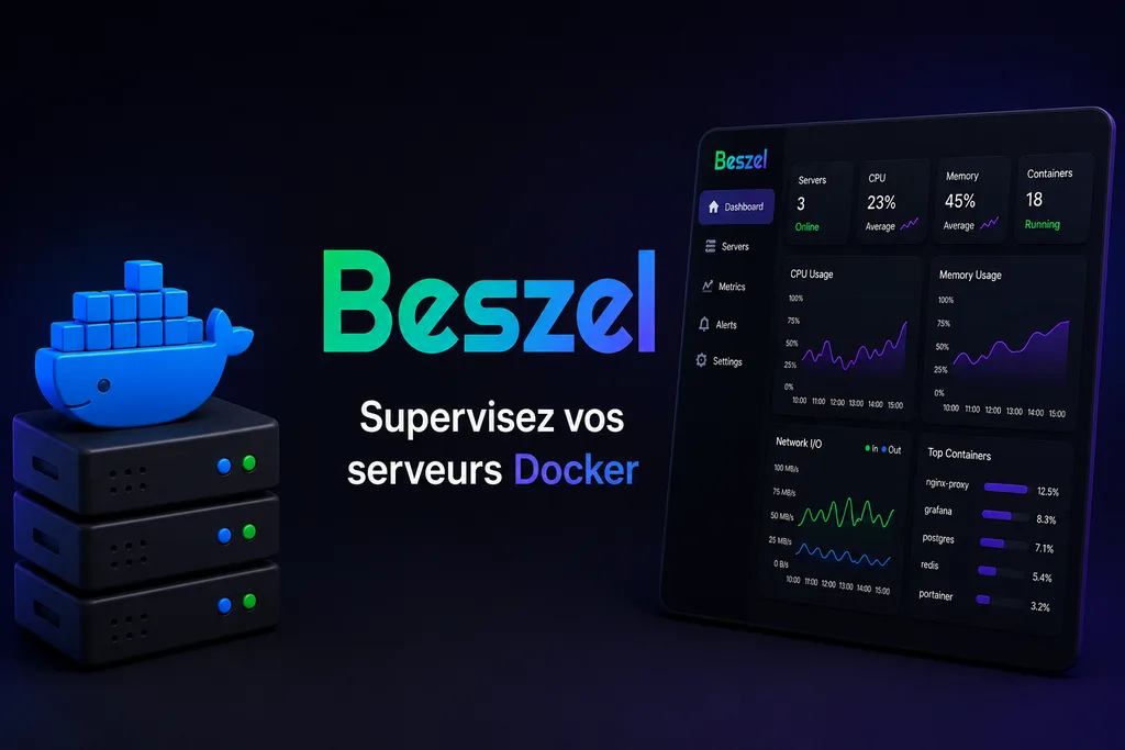 Le logo Beszel à côté d une baleine Docker posée sur une pile de serveurs, avec un tableau de bord de supervision affichant CPU, mémoire et conteneurs
