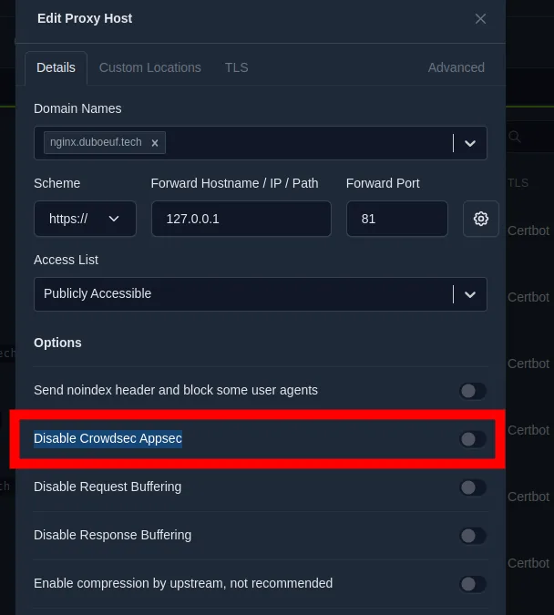 Fenêtre Edit Proxy Host de NPMplus, onglet Details, avec l'option Disable Crowdsec Appsec encadrée en rouge parmi les autres interrupteurs