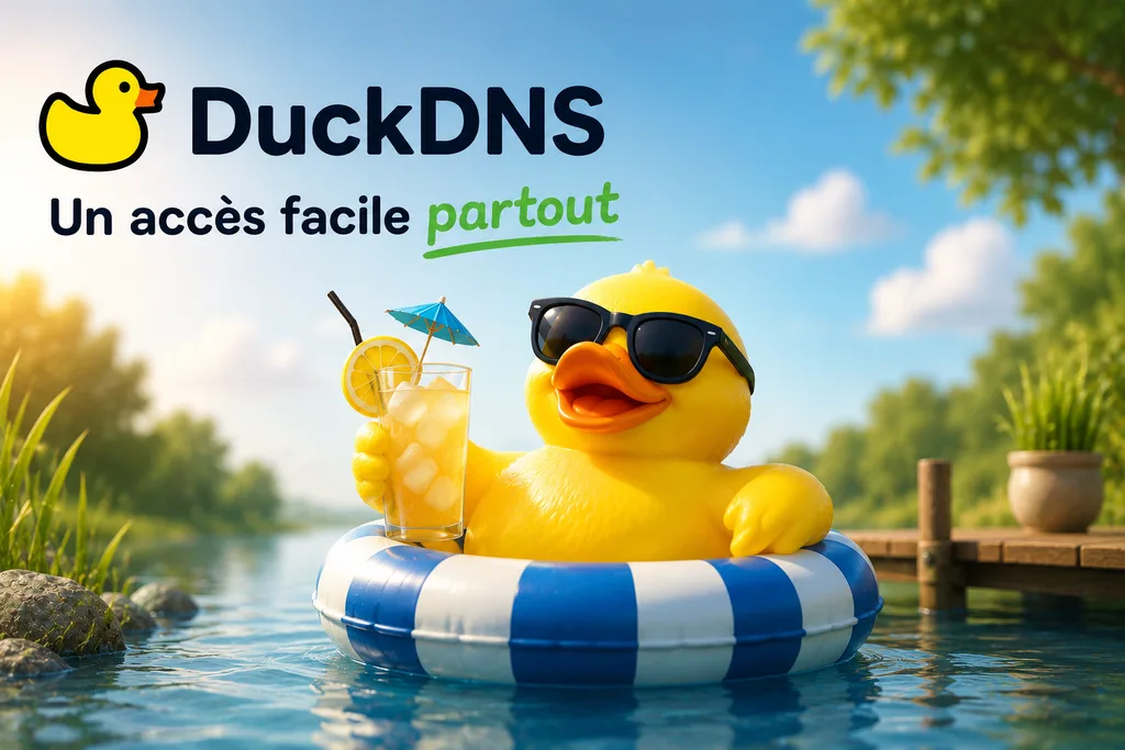 Un canard en plastique avec des lunettes de soleil, dans une bouée au fil de l'eau, sous le logo DuckDNS