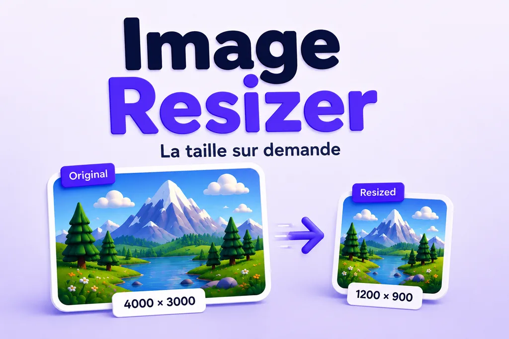 Le logo Image Resizer, sous-titré La taille sur demande, entre une photo de montagne en 4000 par 3000 et la même réduite en 1200 par 900