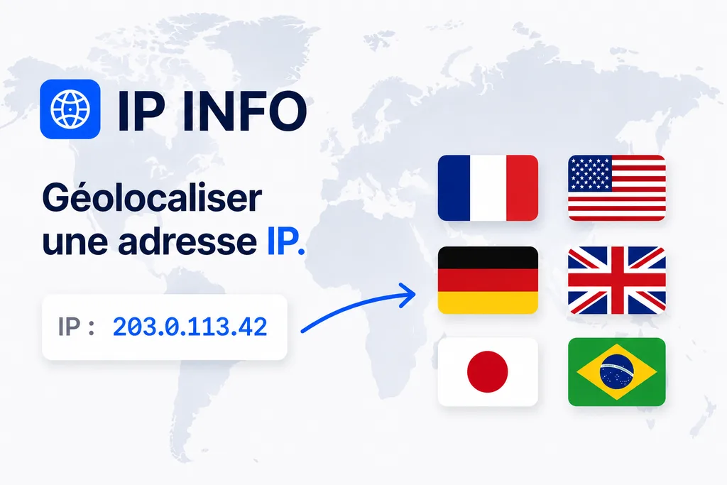 Logo IP Info et le titre « Géolocaliser une adresse IP », avec une flèche partant d'un champ contenant l'adresse 203.0.113.42 vers six drapeaux : France, États-Unis, Allemagne, Royaume-Uni, Japon, Brésil