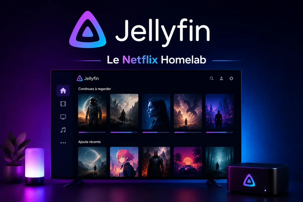 Le logo Jellyfin au-dessus d'une télé affichant l'interface Jellyfin, avec les rangées « Continuez à regarder » et « Ajouts récents », dans une pièce éclairée en violet