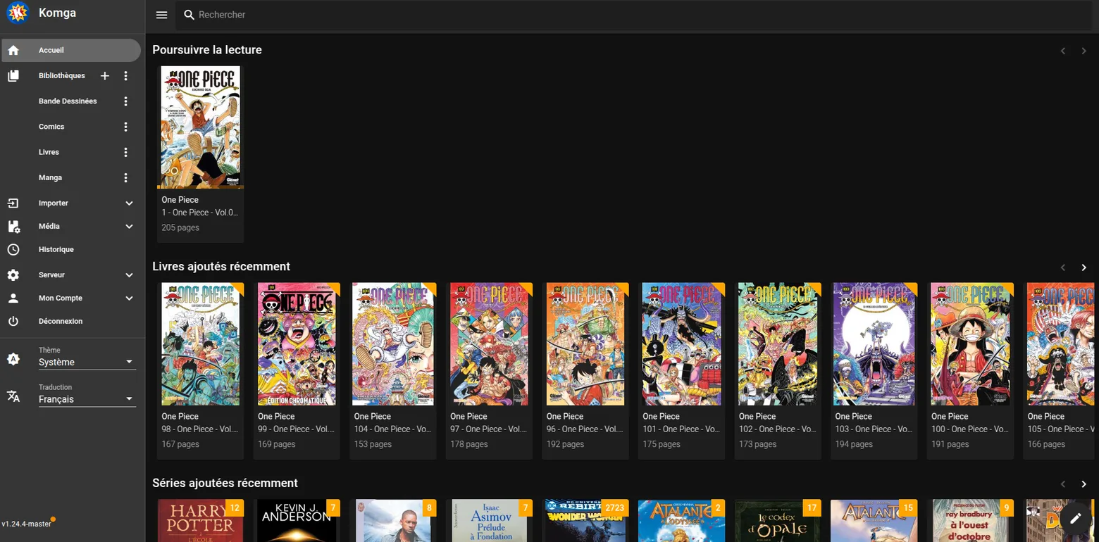 Page d'accueil de Komga : le menu de gauche avec les bibliothèques Bande Dessinées, Comics, Livres et Manga, une reprise de lecture sur One Piece, puis les livres et les séries ajoutés récemment avec leurs couvertures