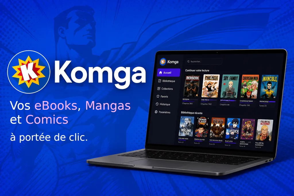 Le logo Komga sur fond bleu comics, à côté d un ordinateur portable affichant l interface avec les couvertures de mangas en cours de lecture