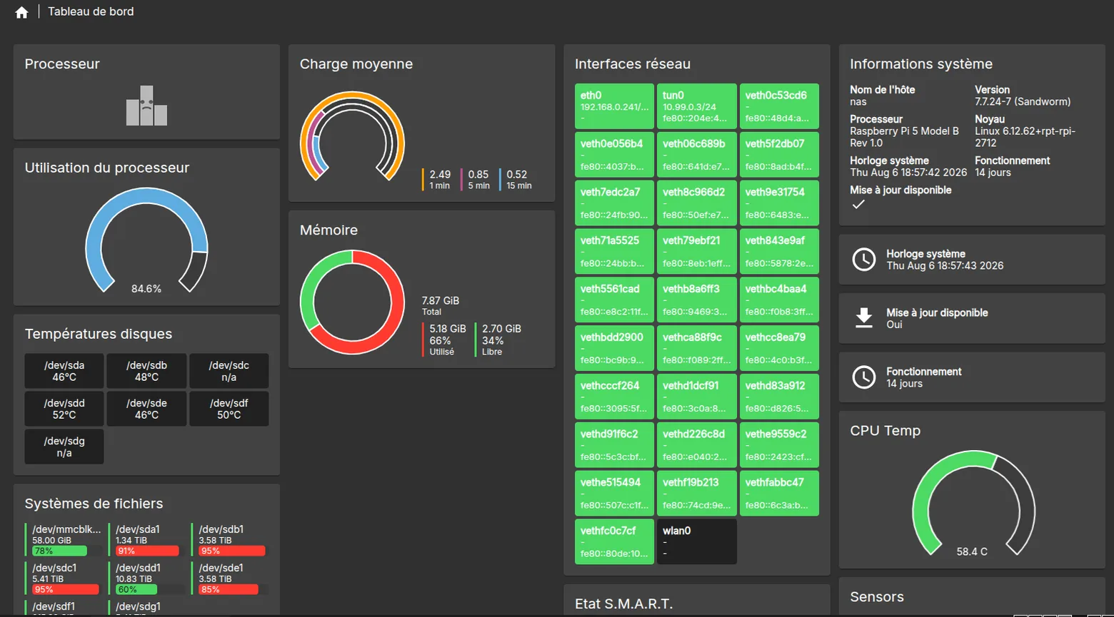 Le tableau de bord d'Open Media Vault : charge du processeur à 84,6 %, mémoire, températures des sept disques et remplissage des systèmes de fichiers
