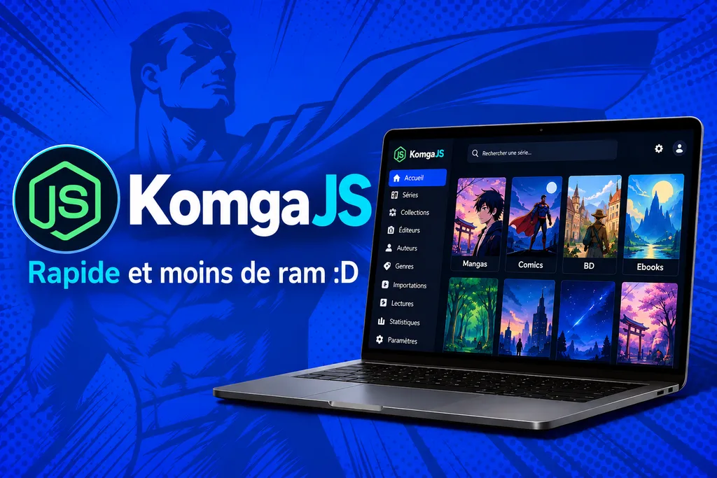 Logo KomgaJS et slogan « Rapide et moins de RAM », à côté d'un ordinateur portable affichant l'interface Komga avec des couvertures de mangas, comics, BD et ebooks